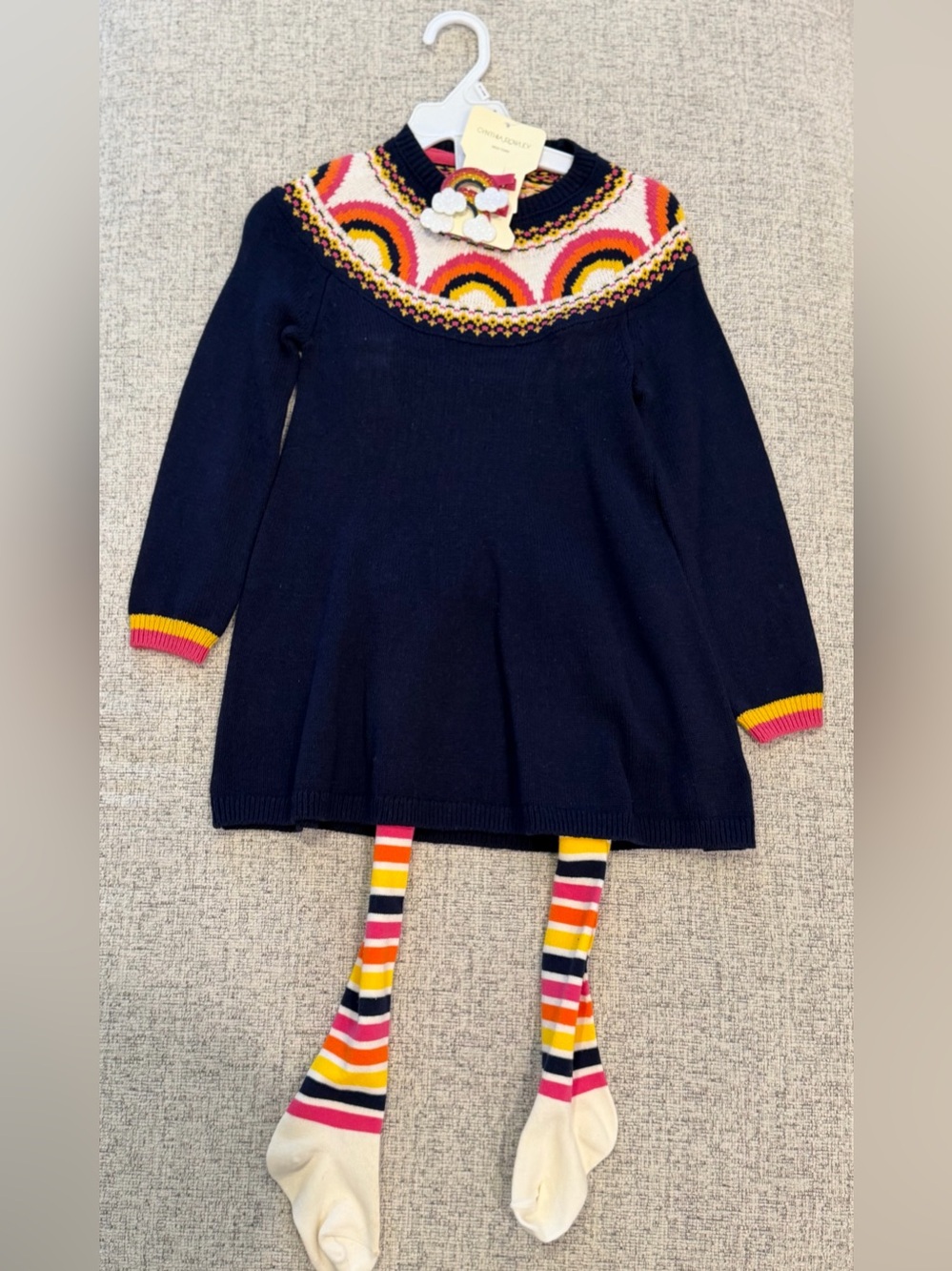 Cynthia Rowley Girls Navy Rainbow Knit Sweater Dress Tights Set Size 5/6 NWT